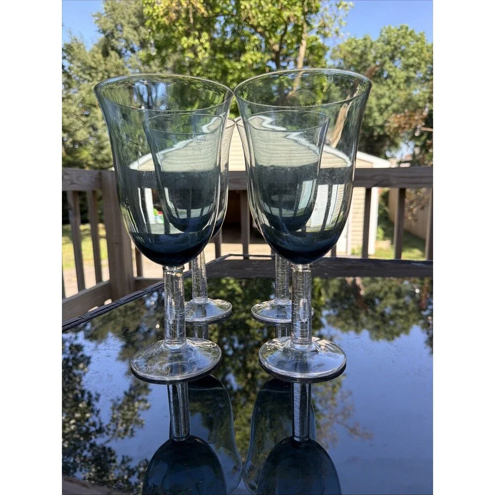 Blue Gorham Crystal Goblets Clear Crackle Stem Blown Glass Set of 4